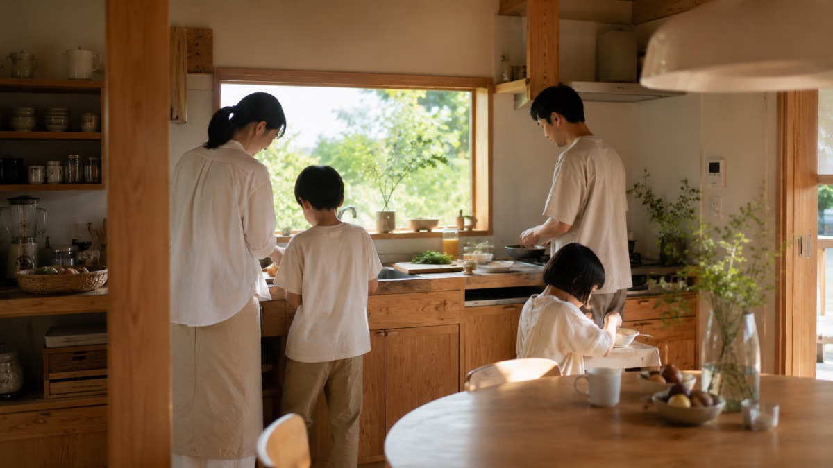 朝の台所に集う家族